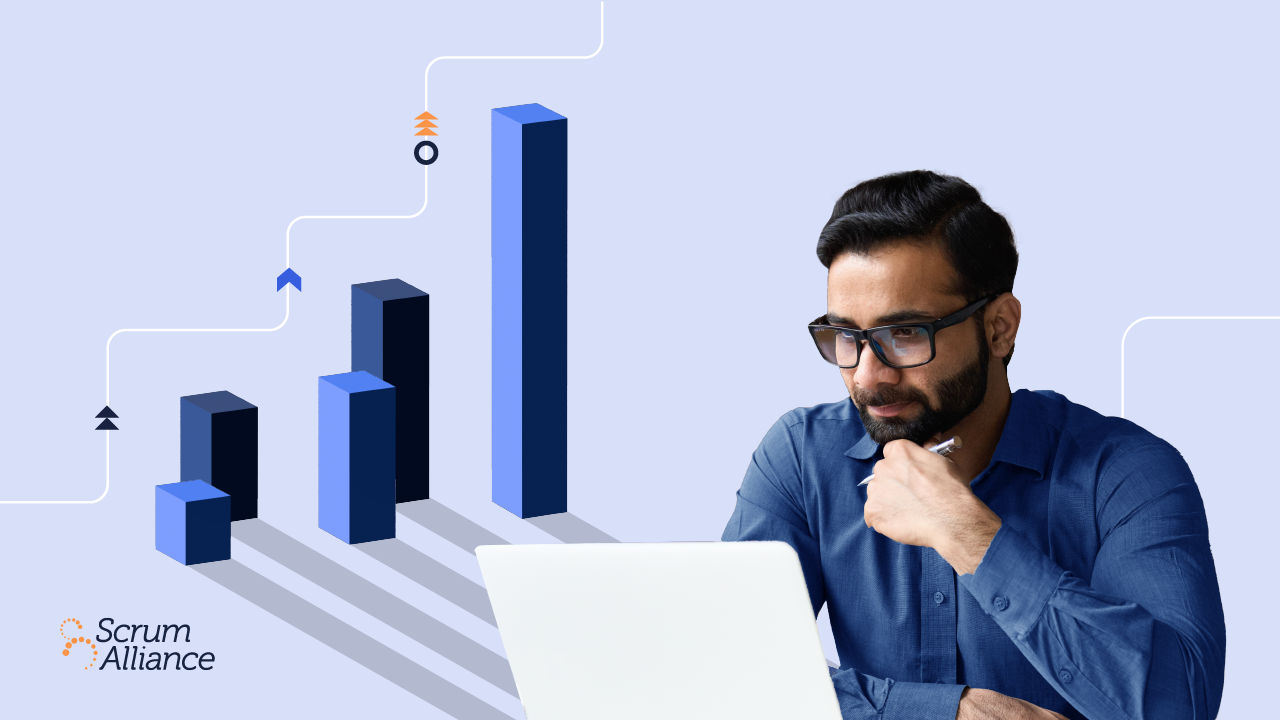 A Scrum Alliance-branded graphic showing a bar graph with upward growth and a businessperson using a laptop